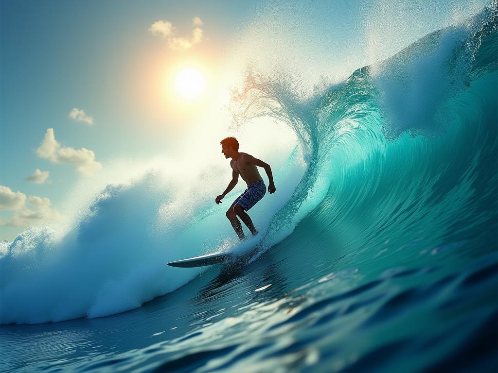 Abstract image of a person surfing a wave of light, representing the feeling of flow and optimal experience.