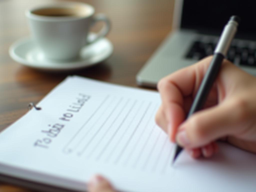 Close-up shot of a person writing a to-do list with a pen on a notepad, with a cup of coffee and a laptop in the background. The image conveys productivity, focus, and organization.