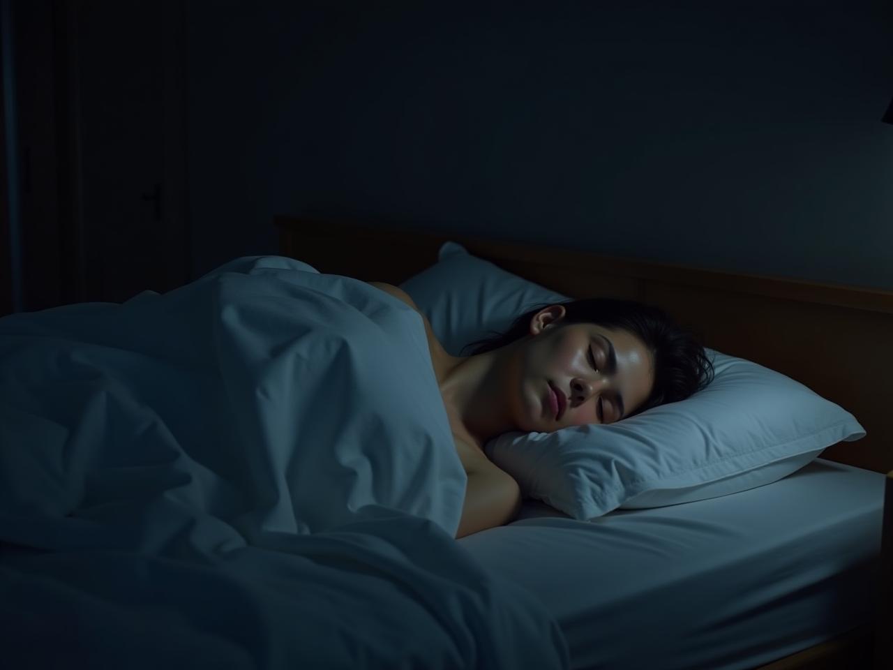 A person sleeping peacefully in a dark bedroom. The image includes keywords like sleep, bed, rest, and health.