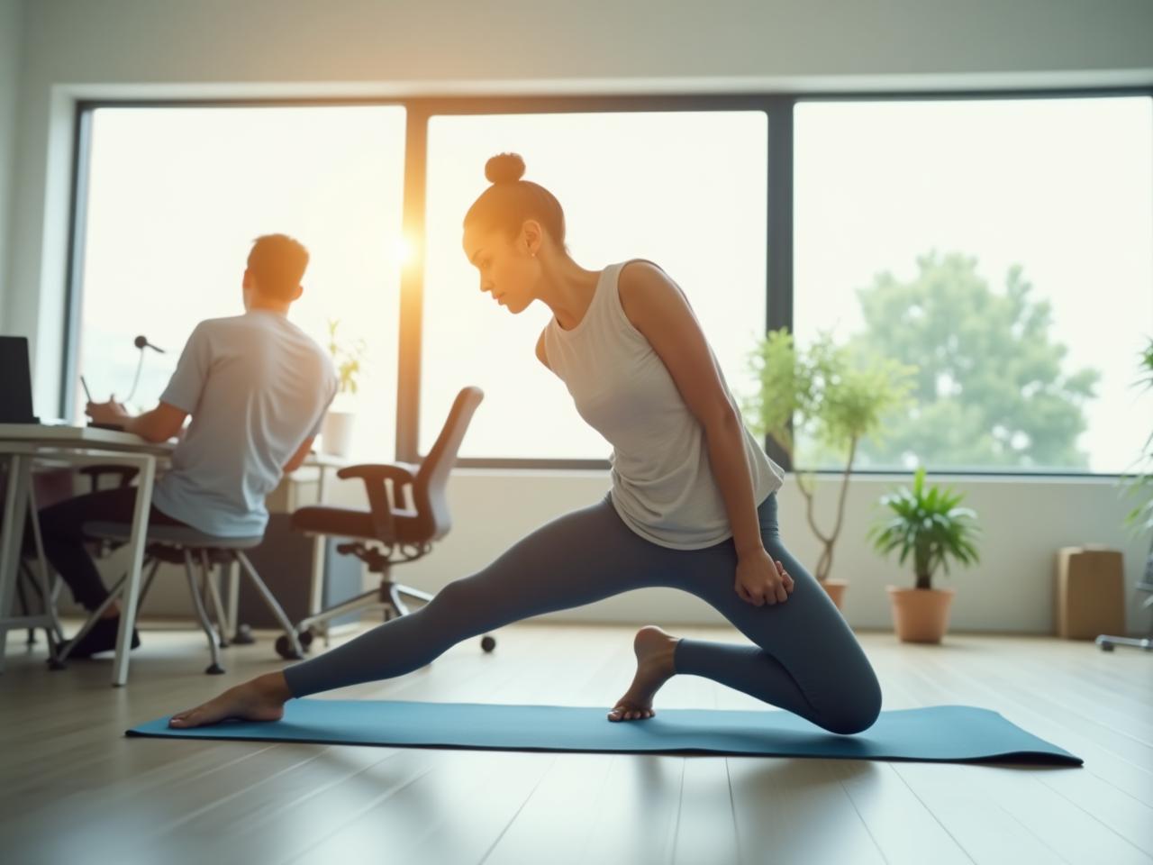 A person taking a break from work to do a stretching exercise in a bright, modern office. Focus is on rejuvenating energy and well-being.