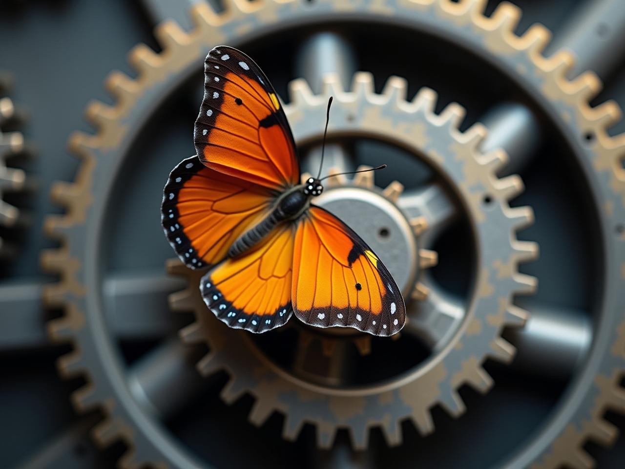 A butterfly resting on a gear mechanism, symbolizing how small actions can have a big impact on complex systems. The butterfly should be brightly colored against a background of muted metallic tones.