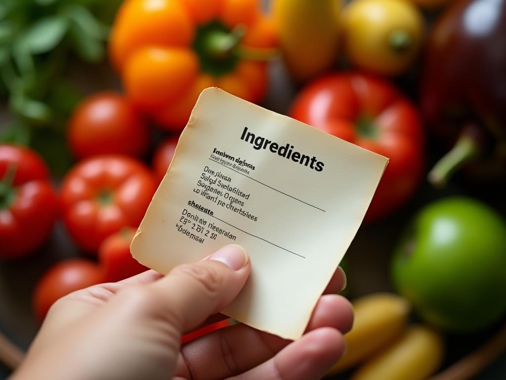 Close-up of a hand reading a food label with a short list of ingredients, surrounded by fresh fruits and vegetables. Focus on the word Ingredients.