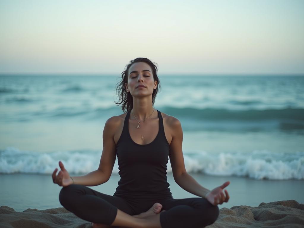 A serene image of a person meditating by the sea, breathing deeply with closed eyes, representing stress relief and mindfulness. Keywords: meditation, mindfulness, breathing exercises, stress relief, calm, ocean, nature.