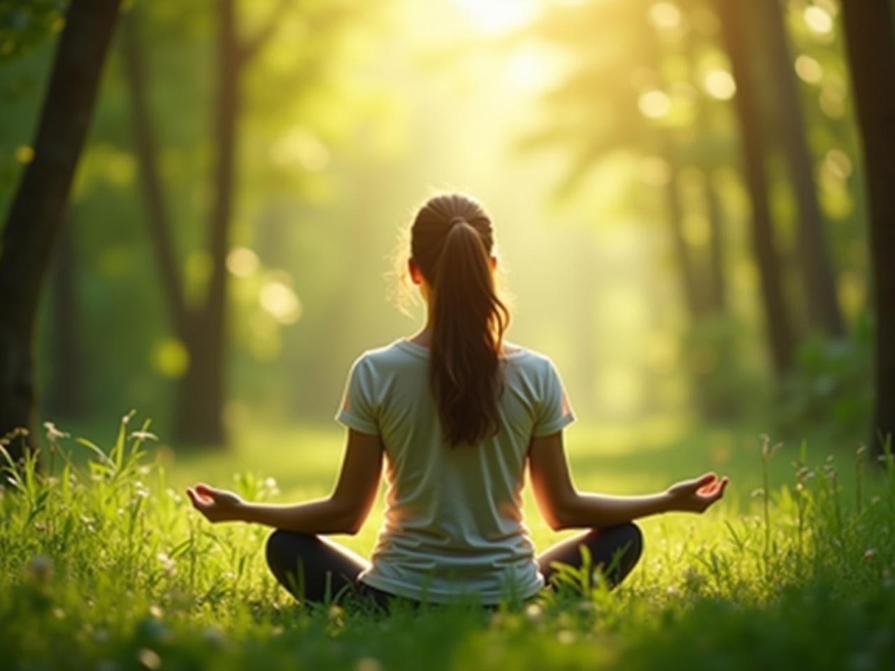A person meditating in nature, surrounded by lush greenery. The image conveys a sense of calm, peace, and energy restoration. Keywords: Meditation, nature, energy, recovery, stress relief.