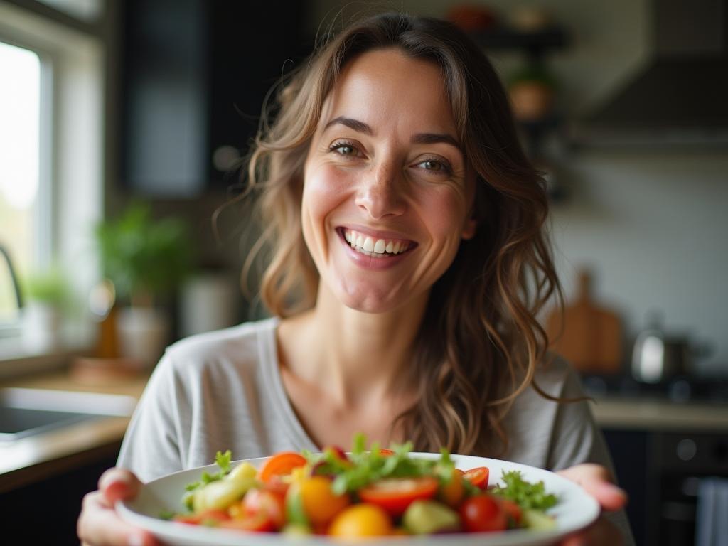 A woman smiling and enjoying a healthy meal, representing intuitive eating and a positive relationship with food.