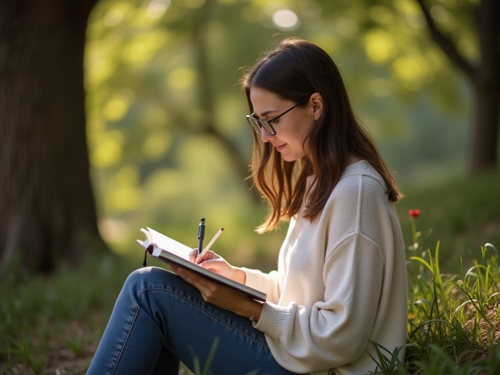 A person writing in a gratitude journal outdoors in a peaceful setting, surrounded by nature.