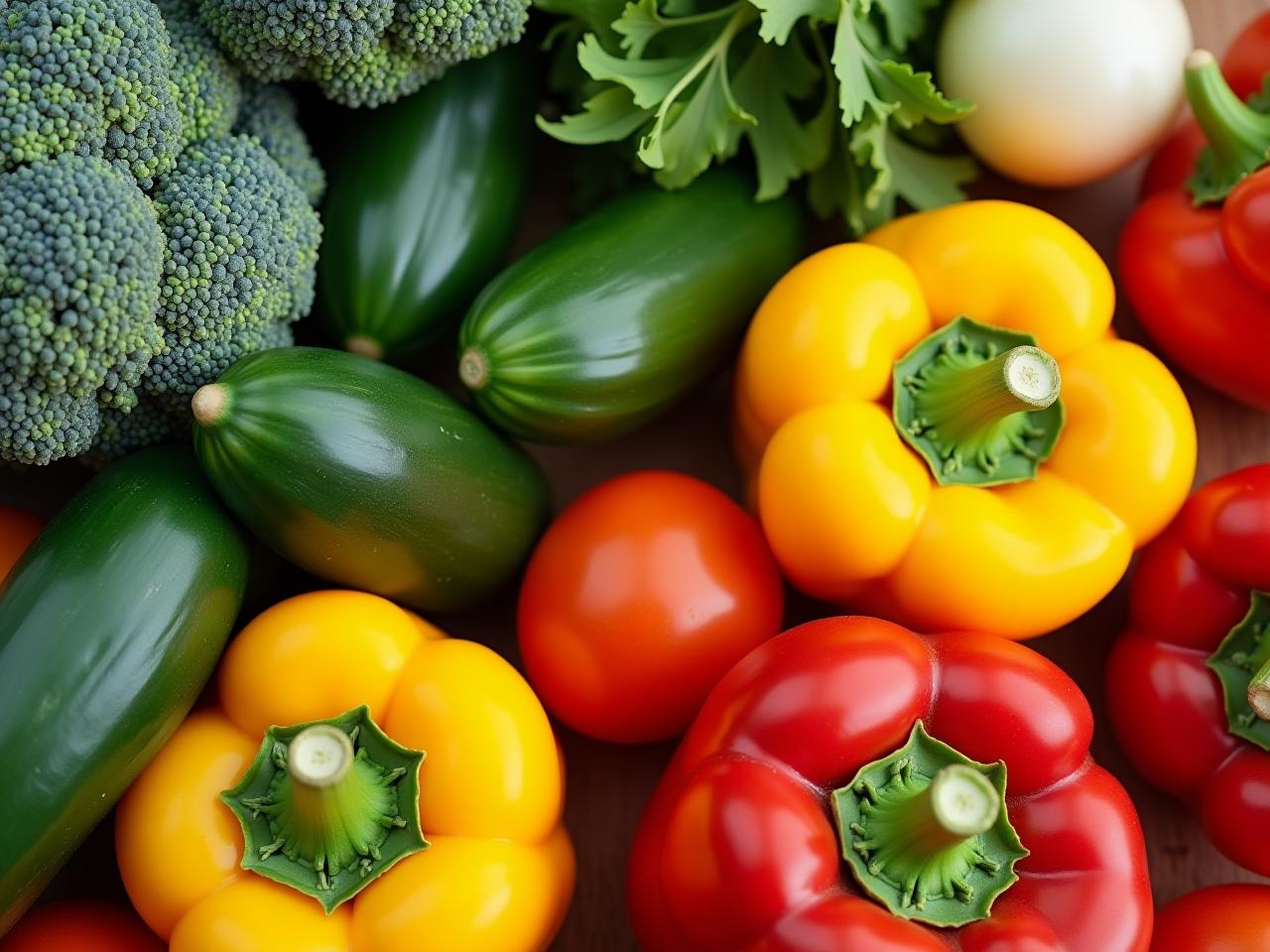 A colorful arrangement of fresh, non-starchy vegetables like broccoli, spinach, peppers, and cucumbers, suggesting healthy eating and plant-based nutrition. Keywords: vegetables, plant-based, nutrition, healthy eating, non-starchy.