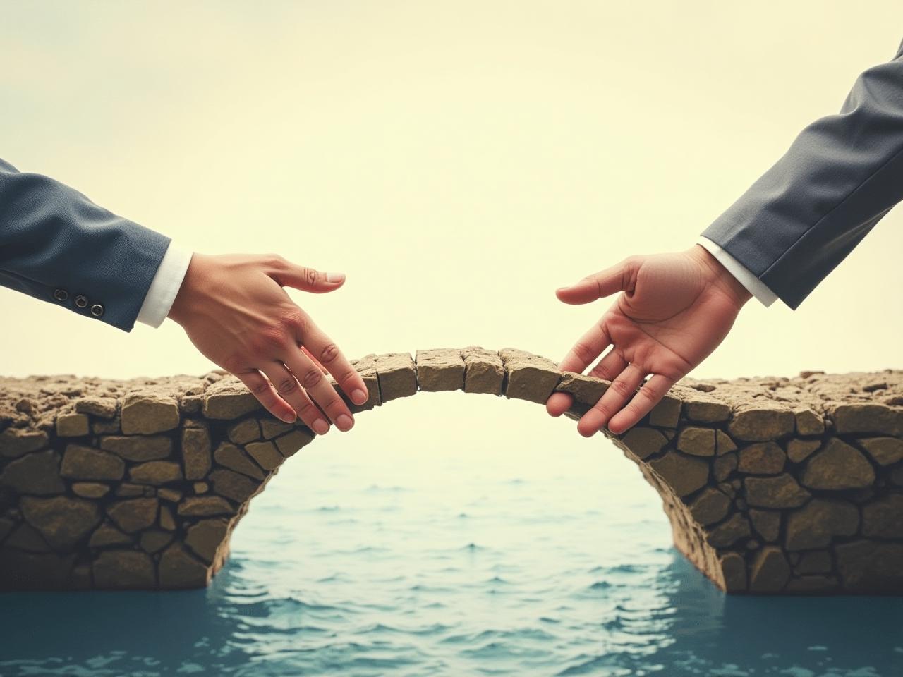An image depicting two hands reaching out to build a bridge over a chasm, symbolizing building connections and understanding differences.