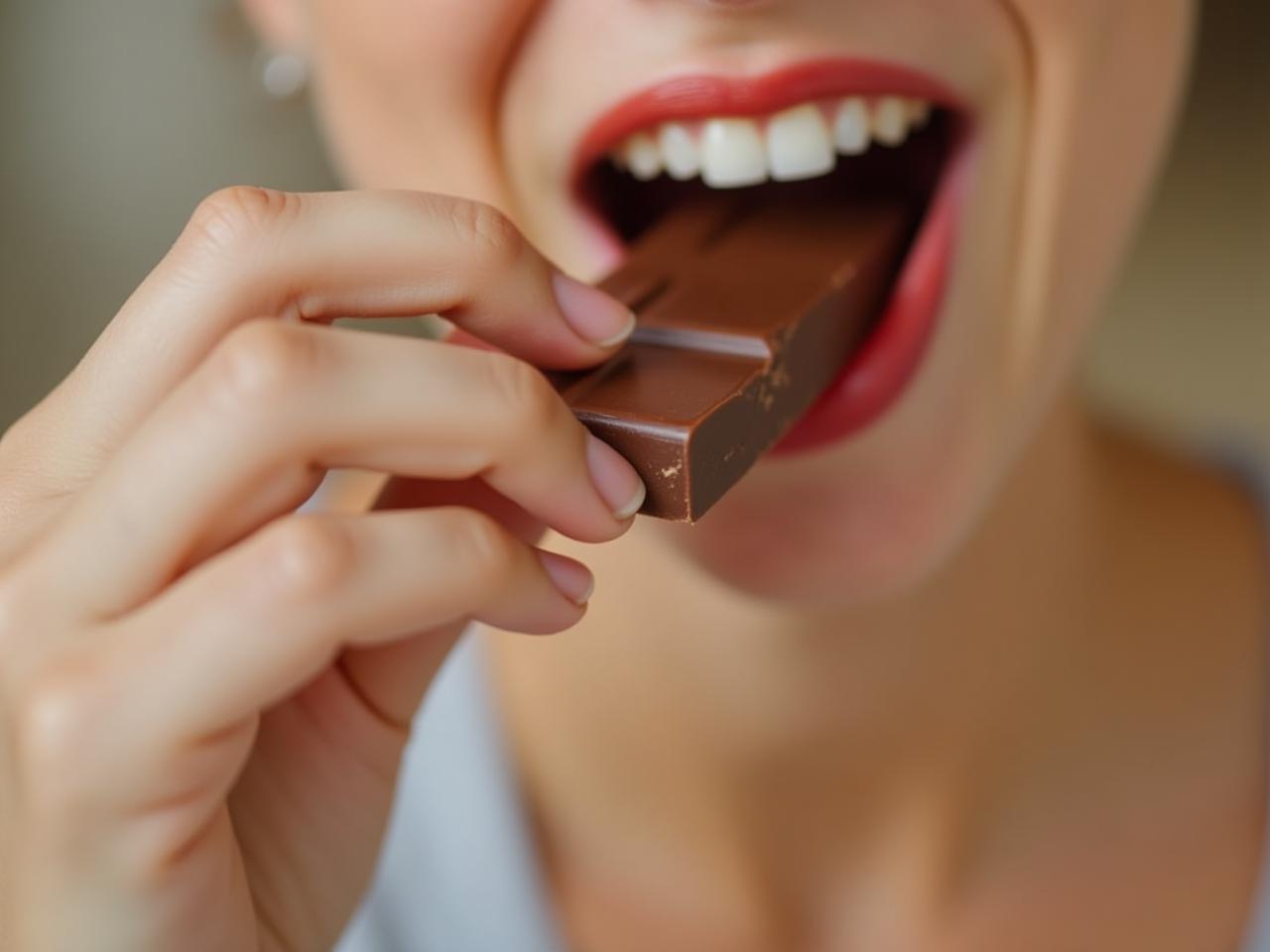 Close-up shot of a person mindfully eating a piece of chocolate, representing intuitive eating and freedom from restrictive diets. The background is soft and blurred, emphasizing the connection to food.