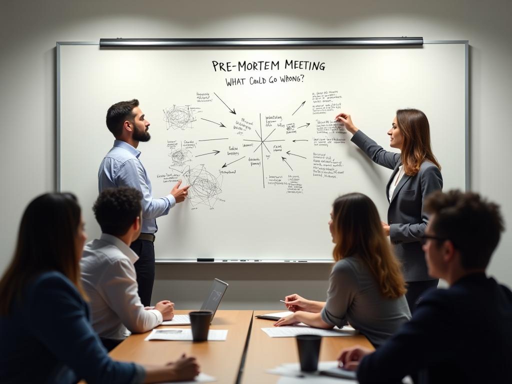 Team of people brainstorming ideas on a whiteboard, with the title Pre-Mortem Meeting and the text What Could Go Wrong?