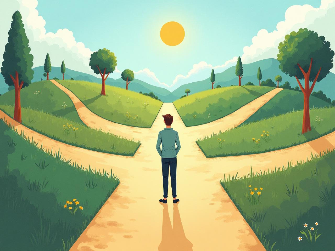 Illustration of a person standing at a crossroads, with different paths leading to diverse landscapes. Keywords: Finding purpose, The Element, Ken Robinson, talent, passion.