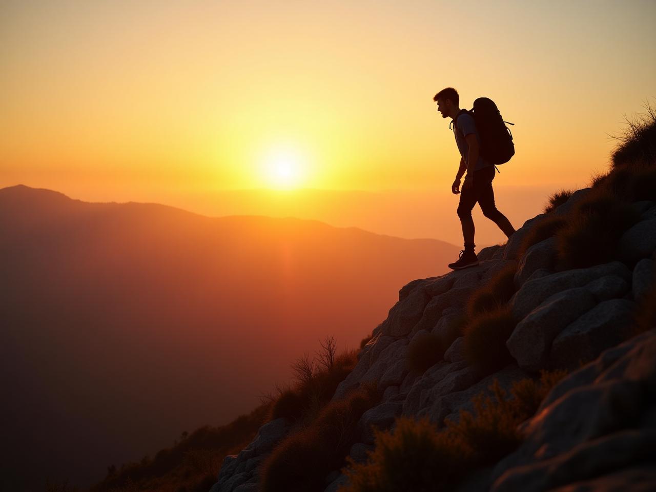 A person hiking up a mountain, with a beautiful sunrise in the background. This symbolizes overcoming challenges and focusing on the journey, not just the destination. The image should evoke feelings of hope, determination, and empowerment.