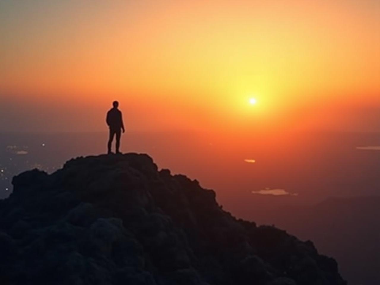 A person standing on a mountaintop at sunset, looking towards a distant city with bright lights. This image represents purpose, ambition, and the journey towards achieving life goals. The warm lighting suggests optimism and inspiration.
