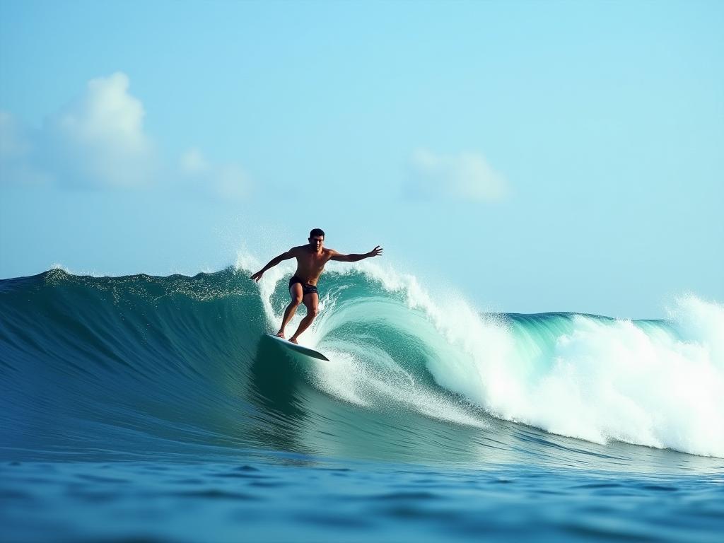 A person surfing a wave, symbolizing embracing uncertainty and riding through lifes challenges. Keywords: uncertainty, surfing, Fran Brin, wisdom, challenge, growth, resilience.