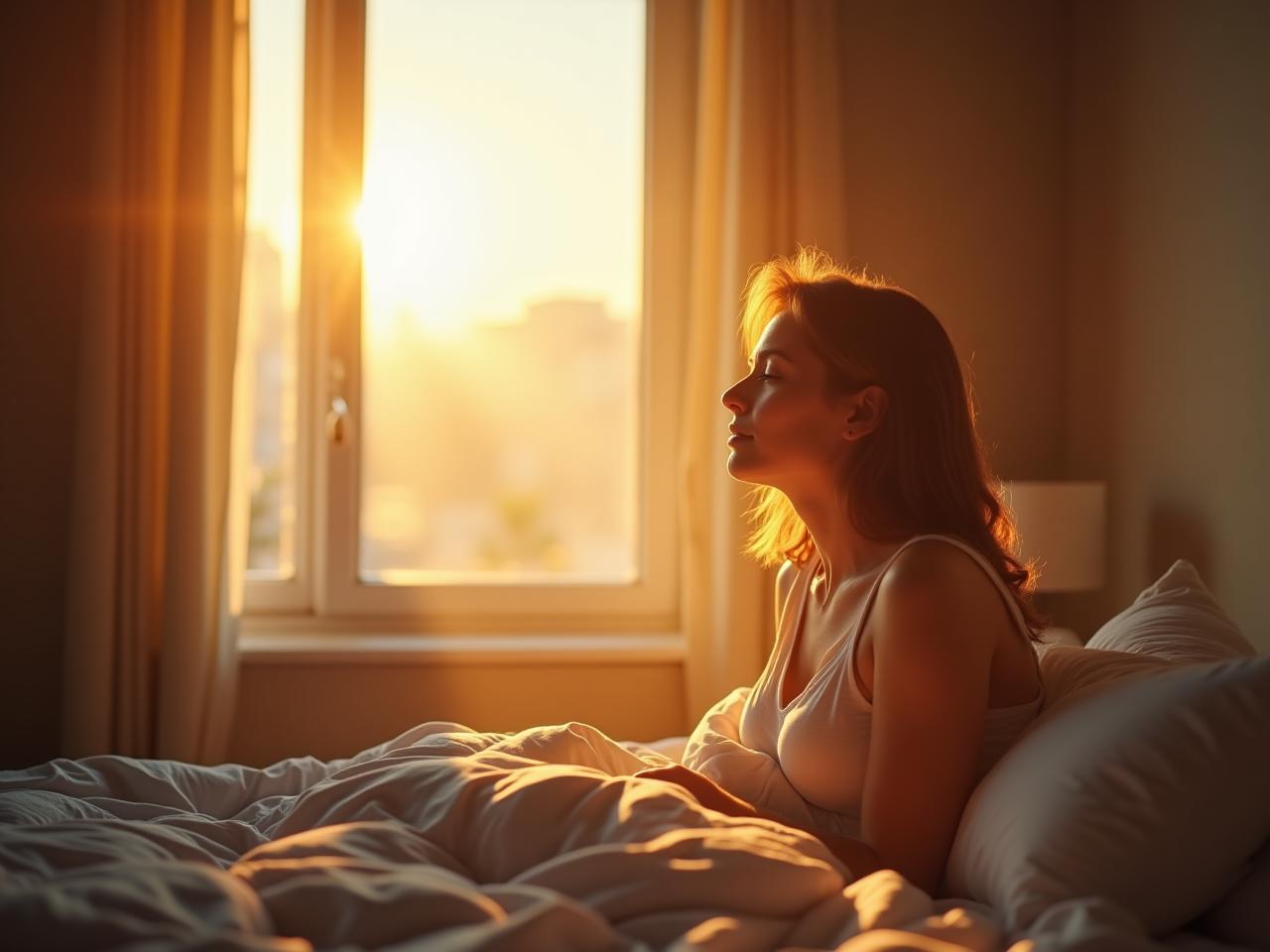 A person waking up early, with sunlight streaming through the window, representing the concept of taking ownership of the morning routine as described in Robin Sharmas The 5 AM Club. Keywords: early morning, productivity, routine, success, personal development.