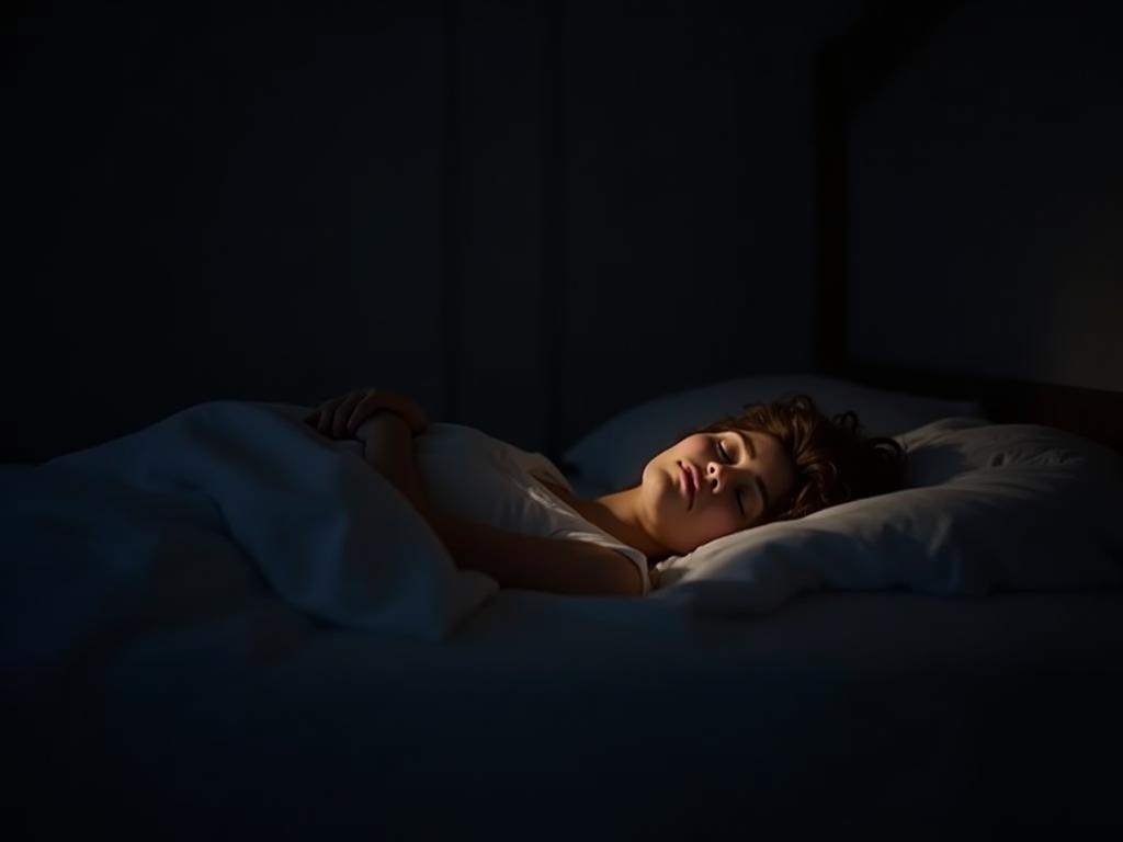 A serene image depicting a person sleeping peacefully in a dark, quiet bedroom. Soft, warm lighting enhances the calming atmosphere. Alt text: Peaceful sleep, restful night, sleep improvement, Matthew Walker, Why We Sleep, sleep hygiene.
