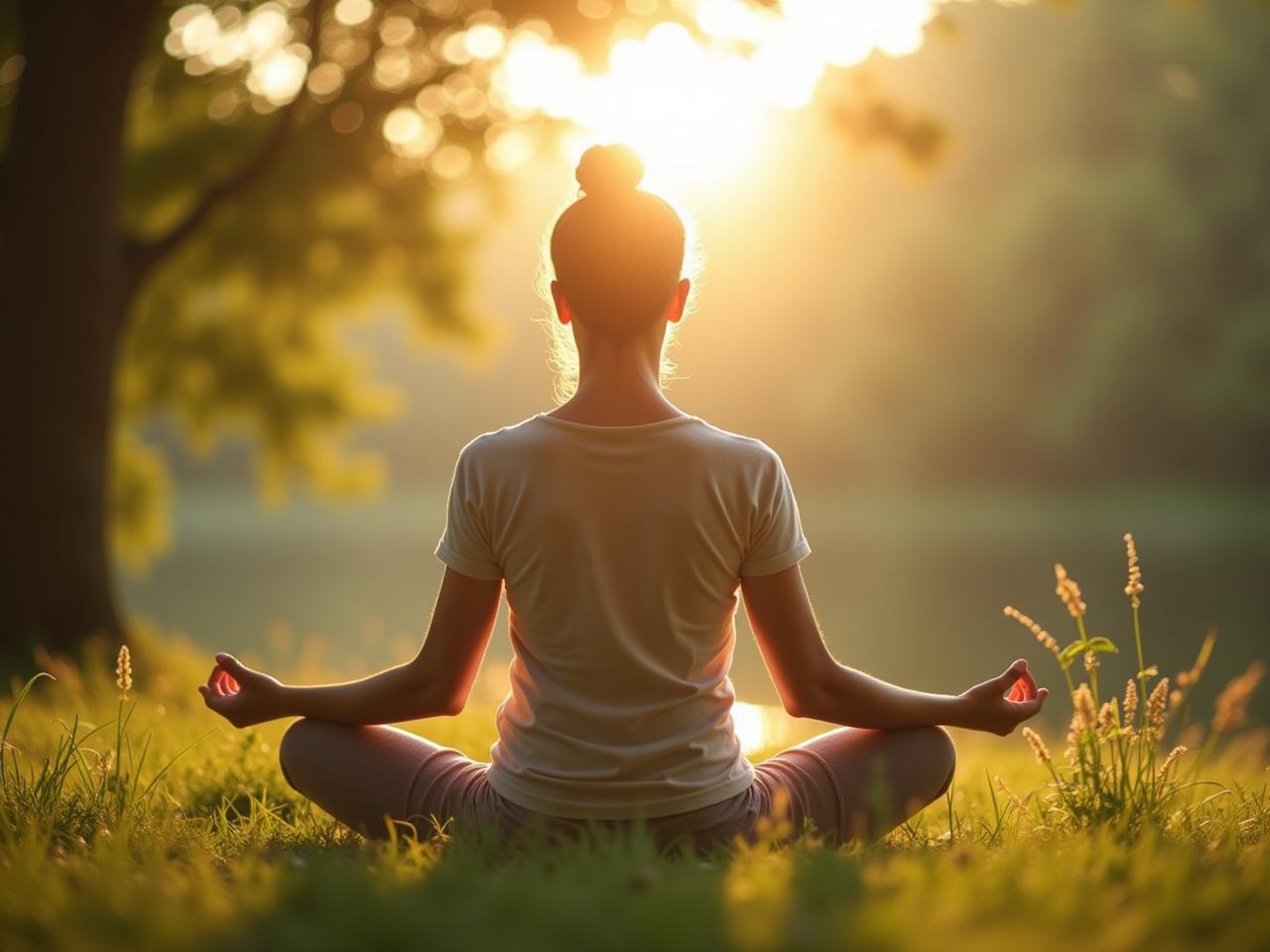 Person meditating peacefully in a serene nature setting, representing mindfulness and inner peace, related to the book Wherever You Go, There You Are by Jon Kabat-Zinn.