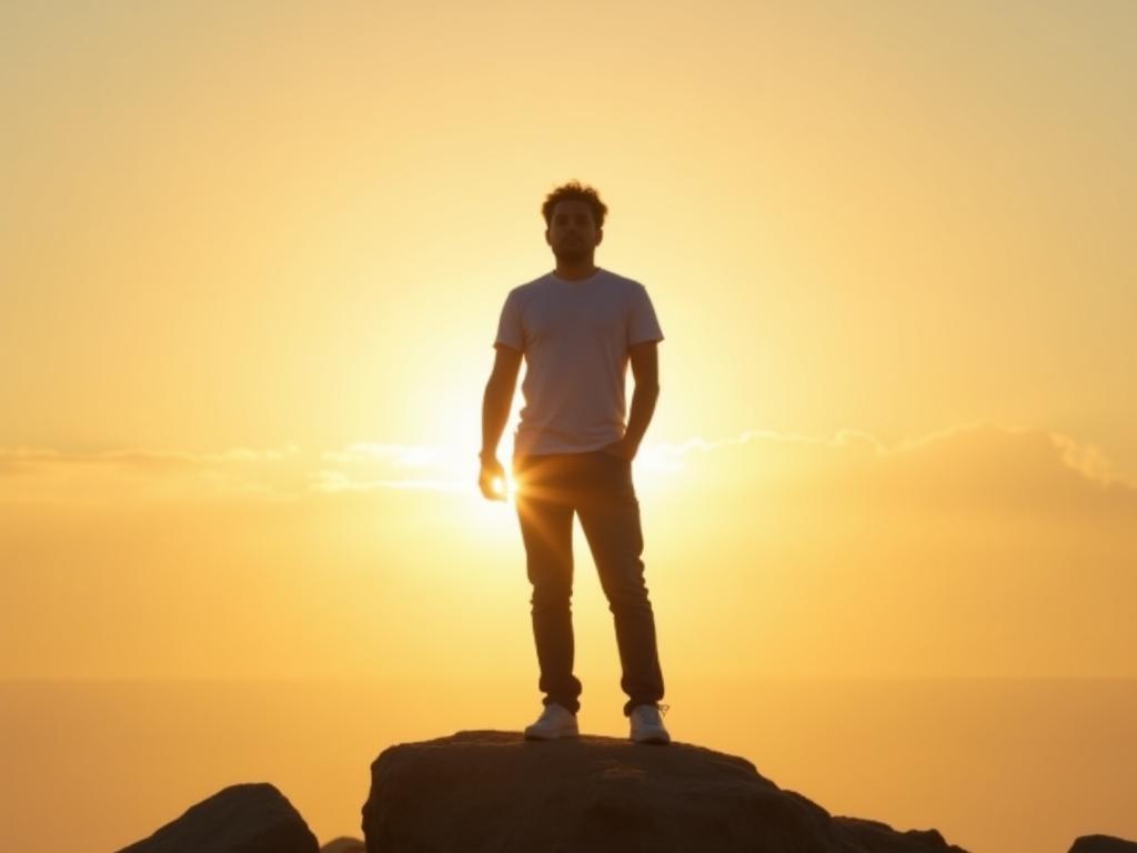 A confident person standing tall with a bright sunny background, representing the power of positive affirmations to boost self-confidence based on Brian Tracys book Embrace Confidence.