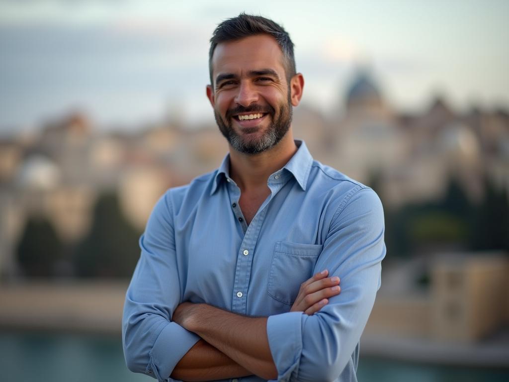 A person standing confidently with their arms crossed, smiling. The background is blurred and shows a cityscape.
