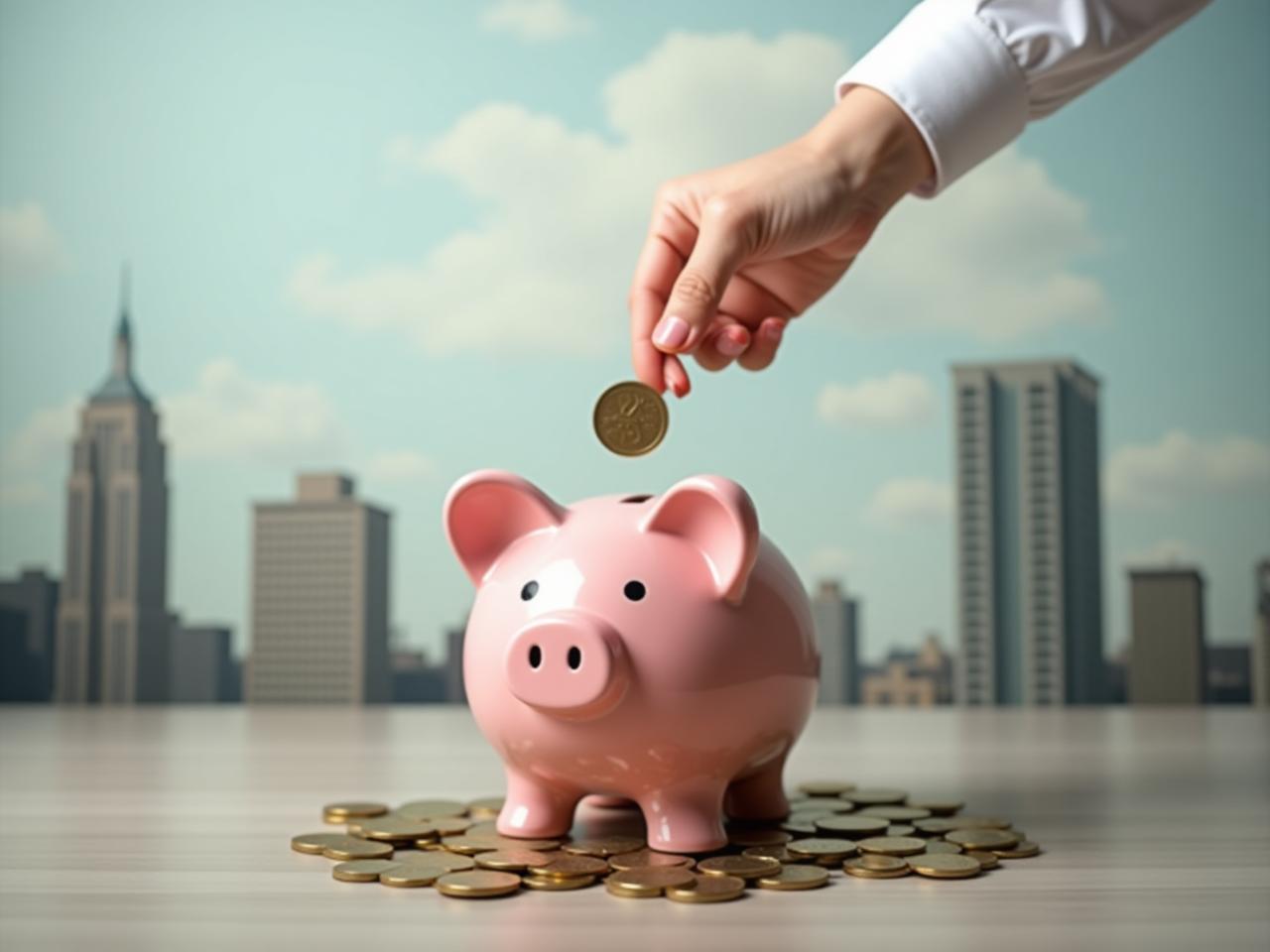 A person happily putting coins into a piggy bank with a cityscape in the background, representing financial freedom.