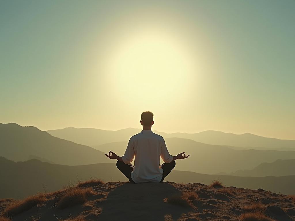 A serene landscape with a person meditating, symbolizing the concept of presence and the power of now. Keywords: Mindfulness, meditation, present moment, Eckhart Tolle, power of now.