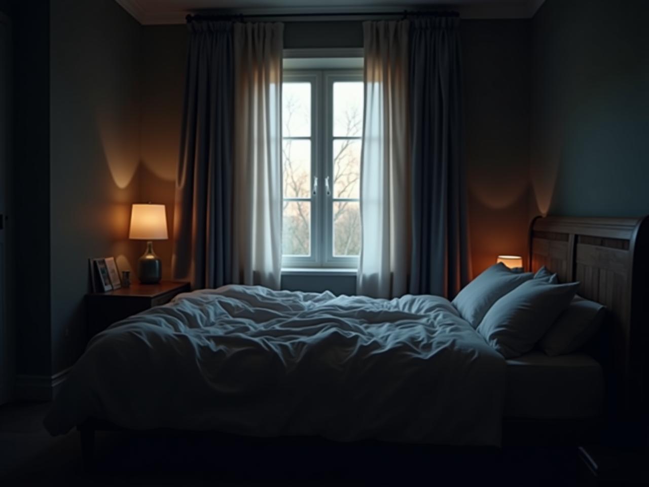 A cozy bedroom with dark curtains, soft lighting, and a comfortable bed, promoting the importance of creating an ideal sleep environment for better sleep quality.