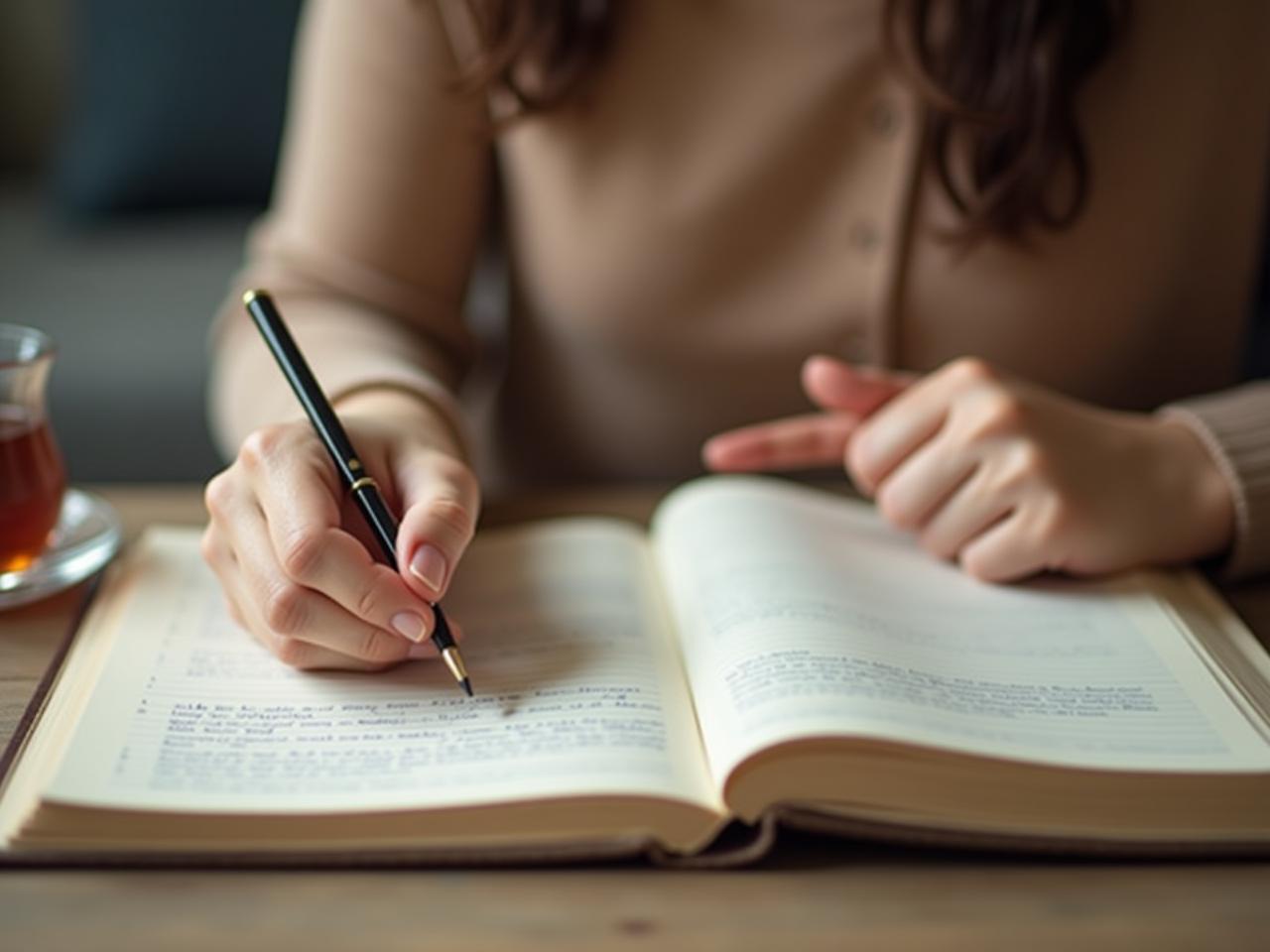 A person writing in a gratitude journal with a cup of tea and a peaceful expression.