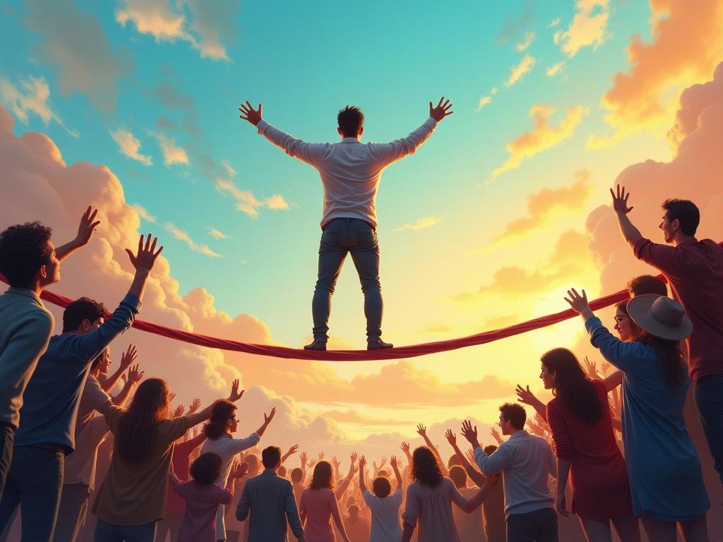 A person standing confidently on a tightrope, with a supportive crowd cheering them on. The background is a vibrant and colorful landscape, symbolizing the challenges and rewards of embracing vulnerability and overcoming imposter syndrome.