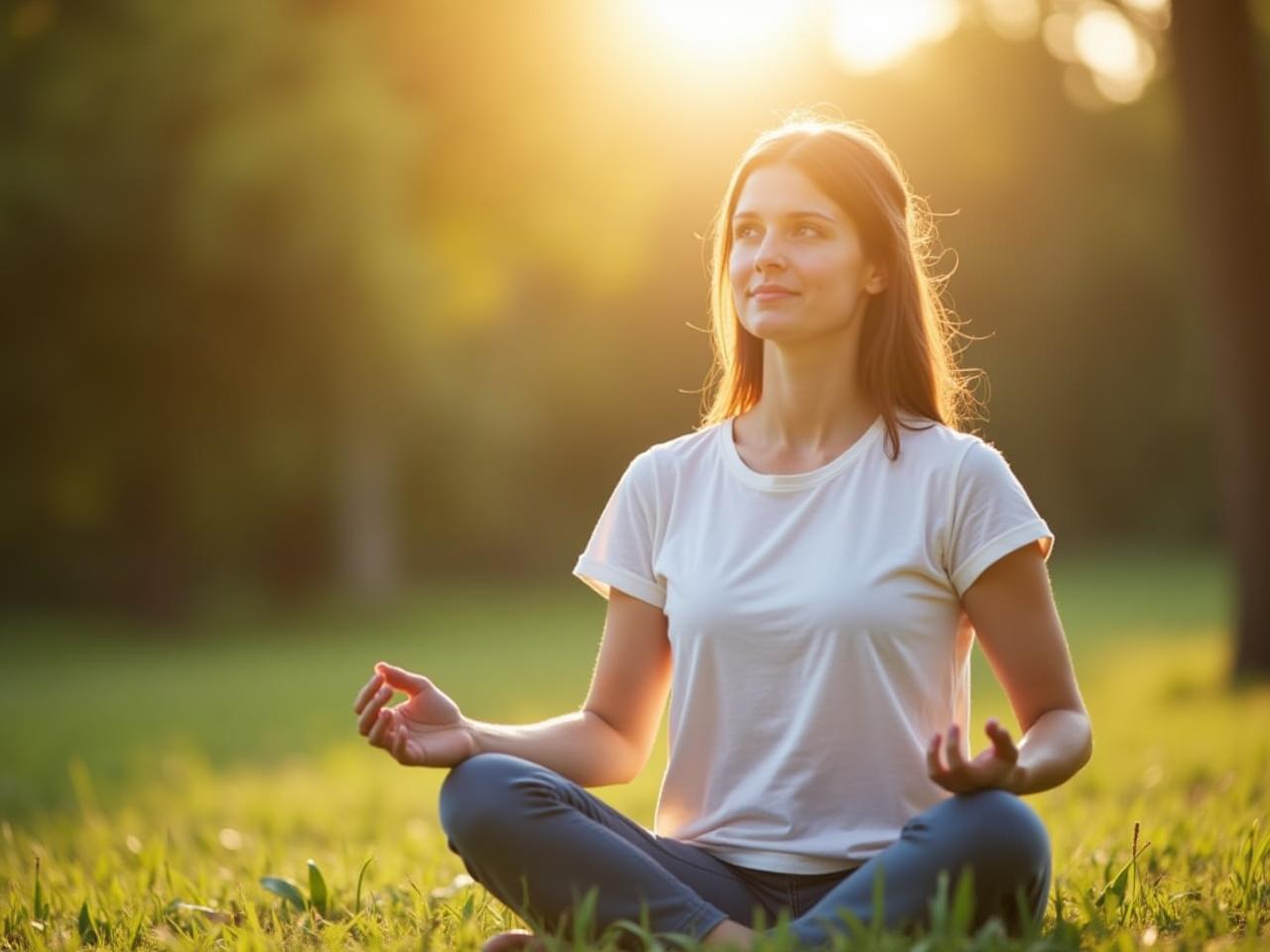 Woman practicing mindfulness meditation outdoors, representing the concept of neuroplasticity and flexible brain training. The image should convey calmness, focus, and the potential for personal growth.