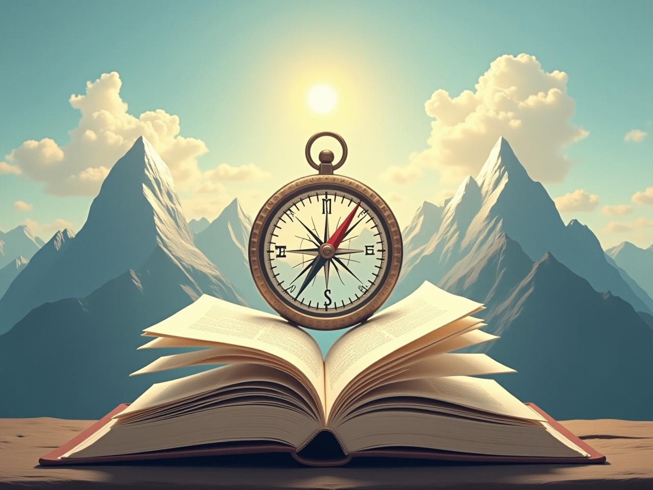 Open book Thinking, Fast and Slow with a compass pointing towards a high mountain peak, symbolizing setting high goals.