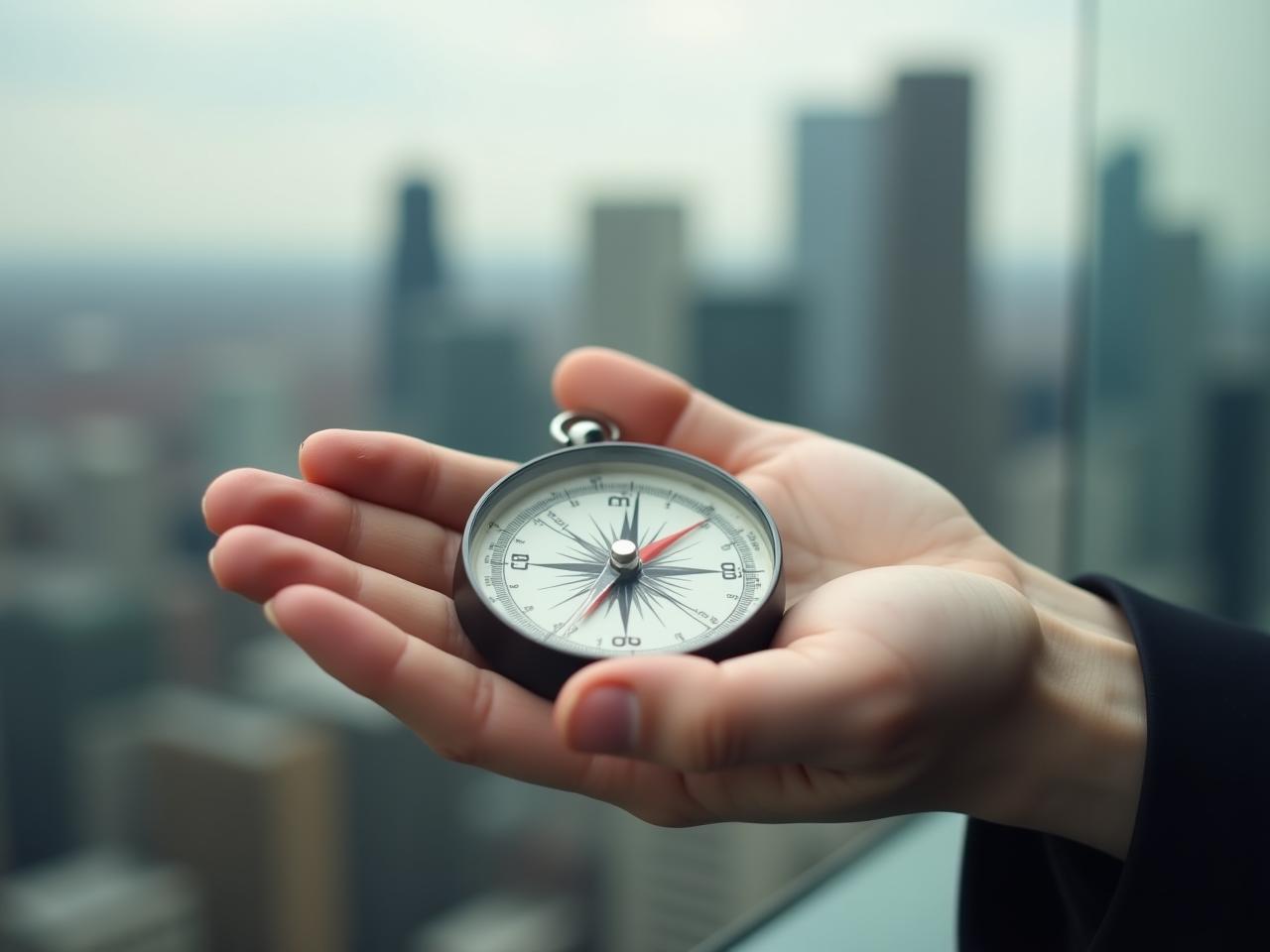 Photo of a person holding a compass with a dollar sign on the needle, pointing towards Financial Freedom. Blurred background of a cityscape.