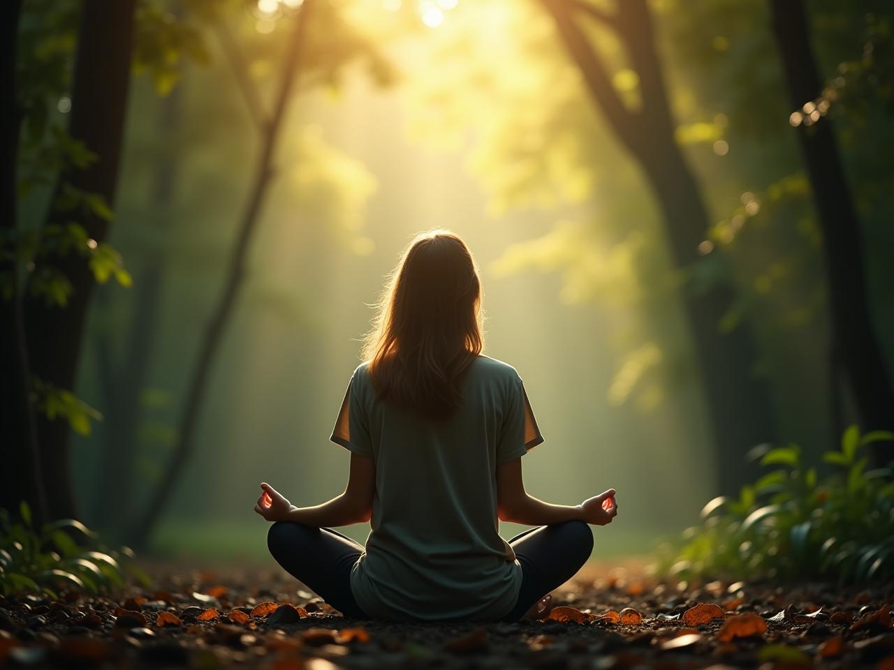 A person sitting in a peaceful environment, meditating and focusing on their inner feelings, surrounded by a calming nature scene. The image represents emotional intelligence and self-awareness.