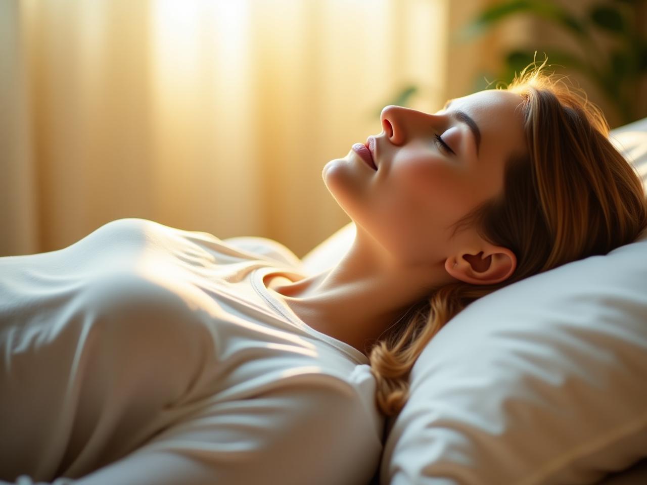 A person lying down comfortably with eyes closed, surrounded by calming natural light, practicing body scan meditation. The image should evoke a sense of peace, relaxation, and mindfulness. Keywords: body scan, meditation, mindfulness, pain management, relaxation, John Kabat-Zinn.