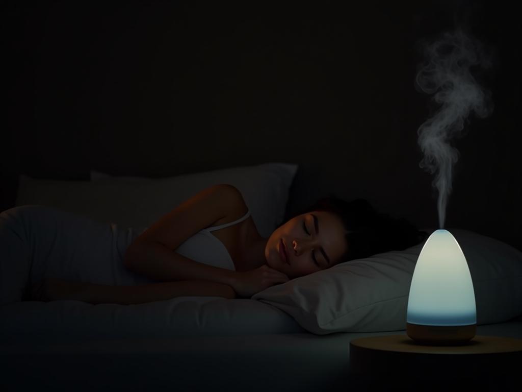 A person sleeping peacefully in a dark and cozy bedroom, with soft lighting and a diffuser releasing relaxing essential oils. Keywords: deep sleep, bedroom, relaxation, aromatherapy, essential oils, healthy lifestyle