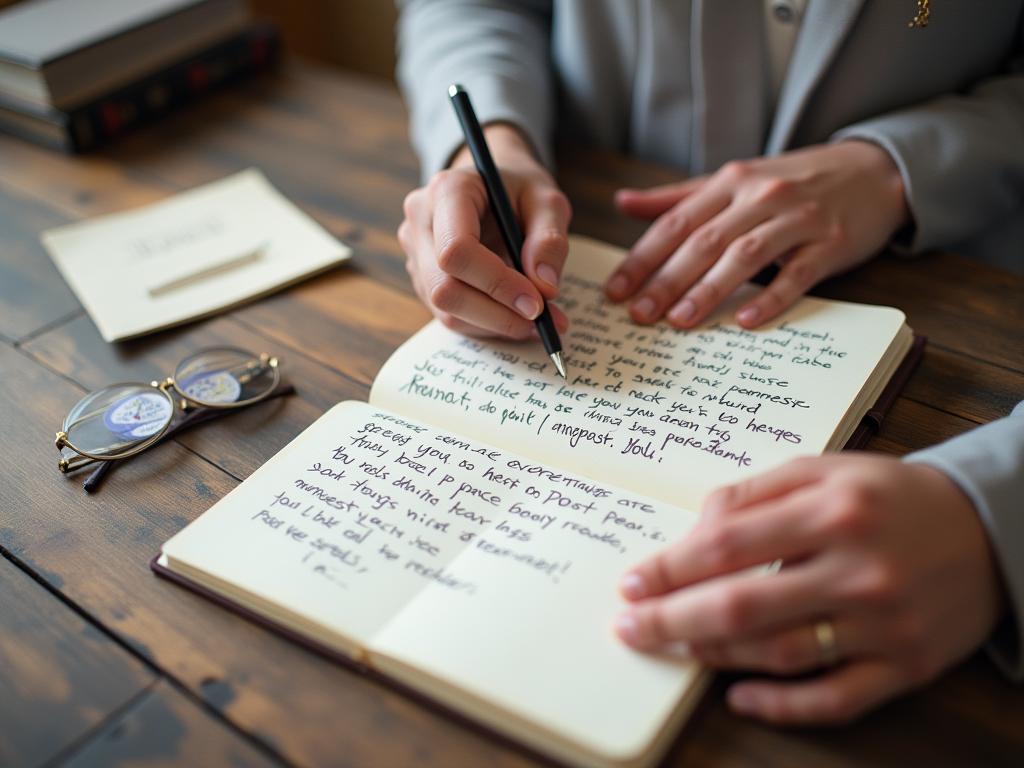 Image of a person writing in a notebook with a pen, surrounded by positive affirmations and inspiring quotes. The overall feeling is optimistic and empowering. Keywords: success, confidence, achievement, goals, writing, journal, notebook, pen, positive affirmations, empowering, optimistic.
