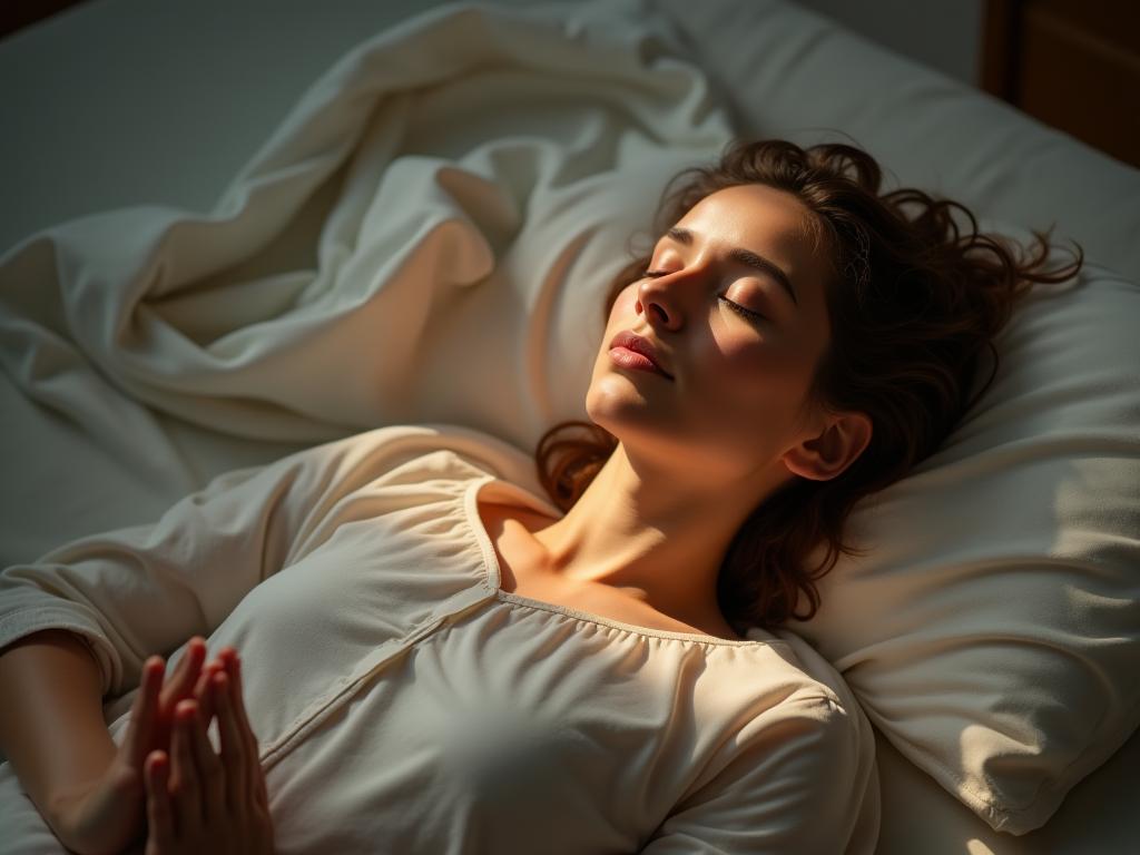 Person lying down with eyes closed, meditating. Surrounded by calm colors and light.