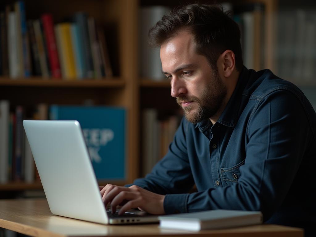 Person deeply focused on a laptop in a quiet, organized workspace with a book titled Deep Work visible in the background. The image conveys a sense of intense concentration and productivity.