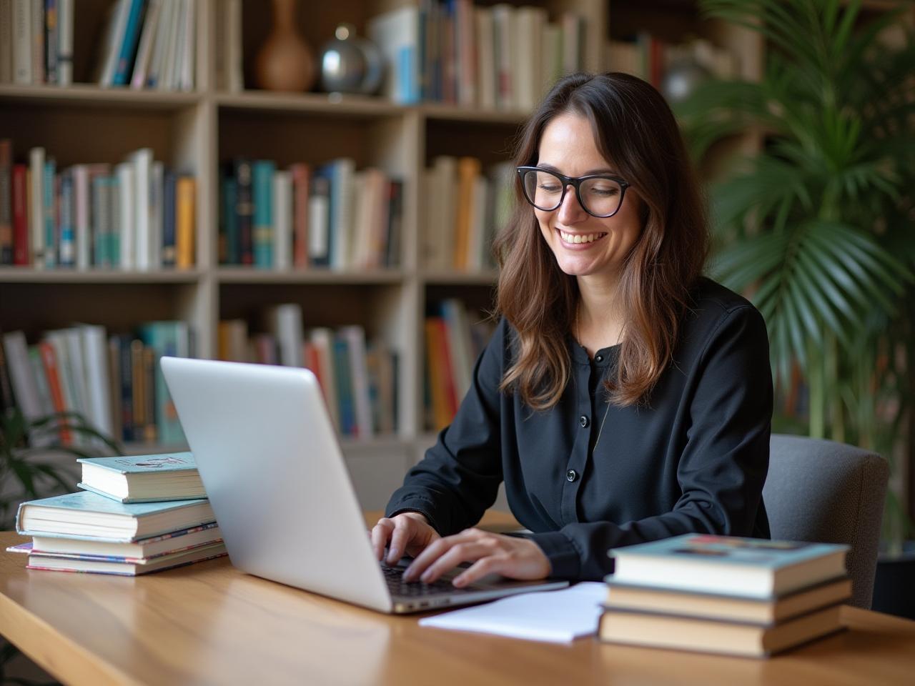 Noa Levinson, clinical psychologist and creator of One Moment a Day journal, writing a blog post on her laptop, surrounded by books and mindfulness tools. The scene conveys expertise, tranquility, and a personal touch.