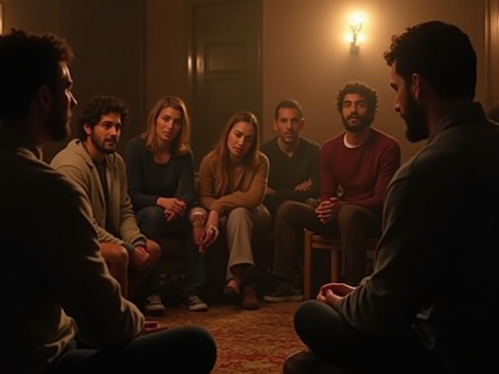 A group of diverse people sitting in a circle, engaged in a deep conversation, with one person actively listening to another, showing empathy and understanding. Warm lighting and a cozy atmosphere.