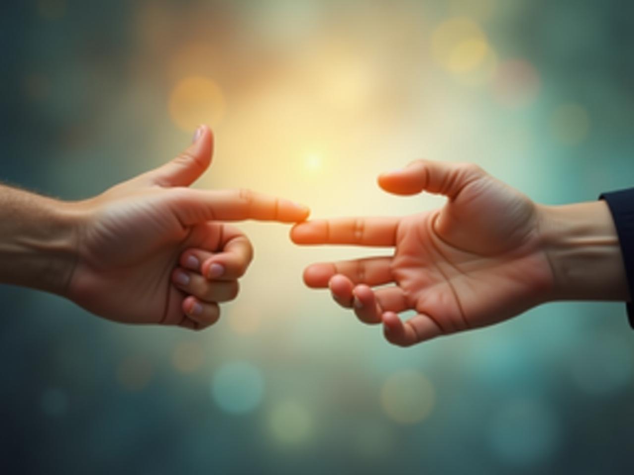 Two people reaching out to each other, hands almost touching, symbolizing connection and empathy. The background is blurred and colorful, representing the complexities of communication.