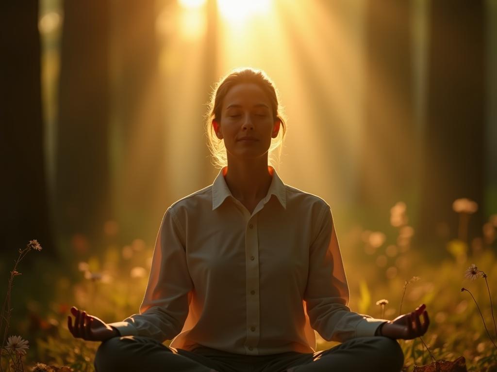 Abstract image of a person meditating in nature, with a calm expression and sunlight filtering through the trees. The image represents mindfulness and being present in the moment. Keywords: mindfulness, meditation, nature, present moment, Eckhart Tolle, Power of Now.