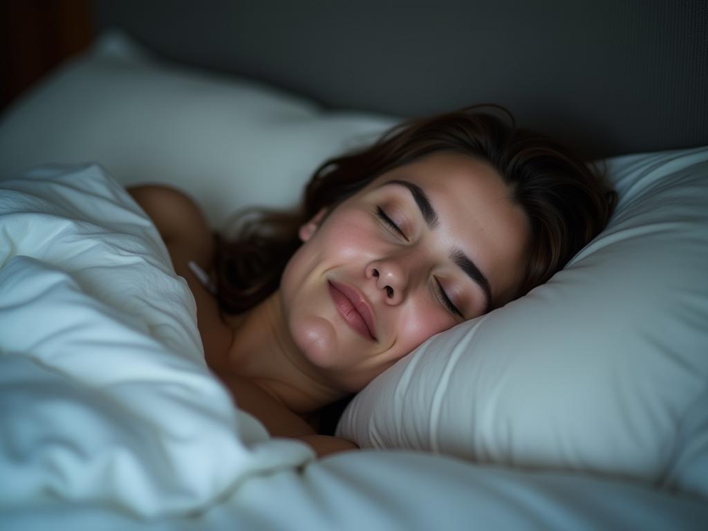 A person sleeping peacefully in bed with a serene expression. The image represents the rejuvenating power of sleep and its positive impact on health and well-being.