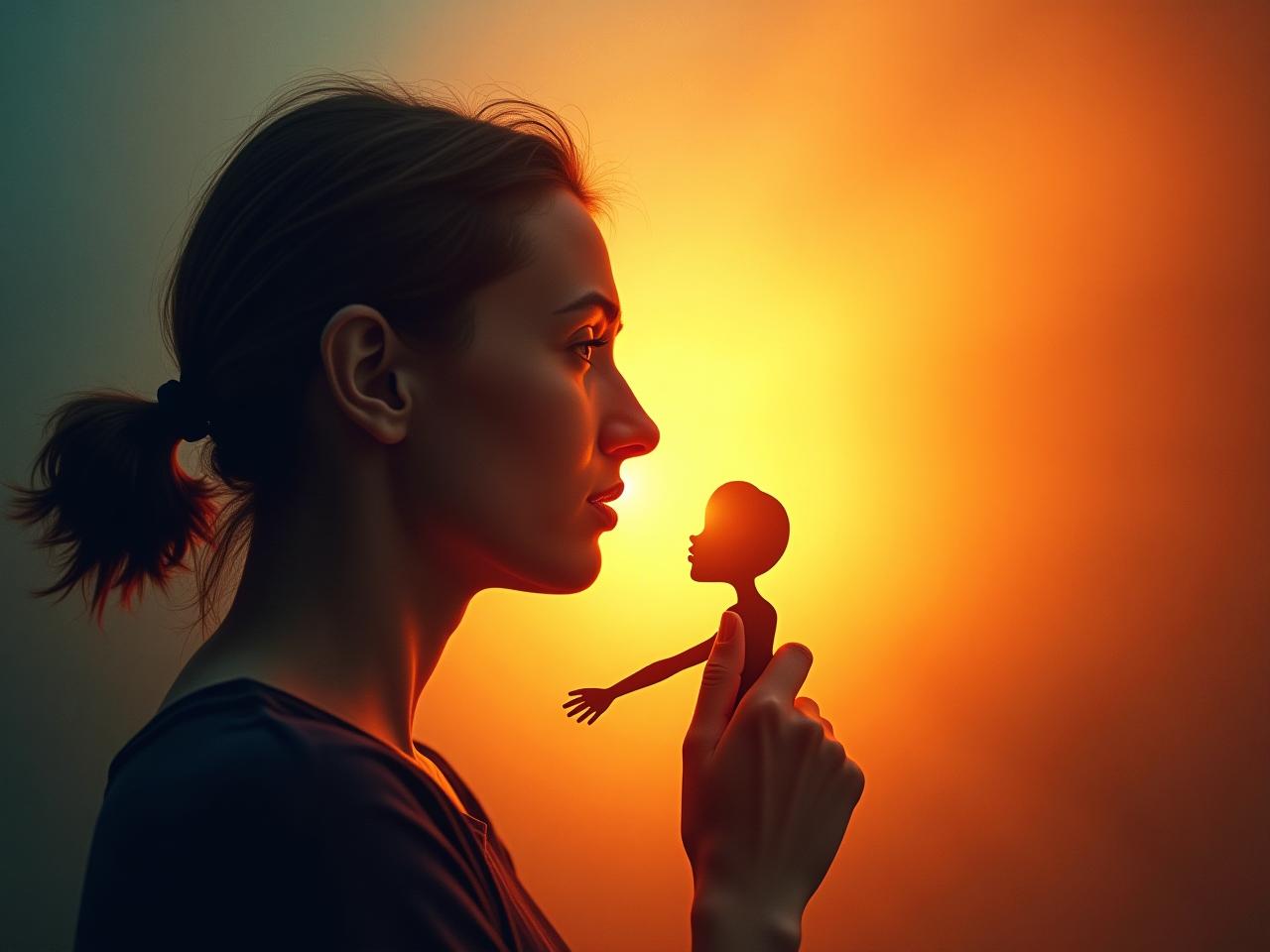 Abstract image of a person silencing a small, dark figure representing their inner critic, bathed in warm, encouraging light.