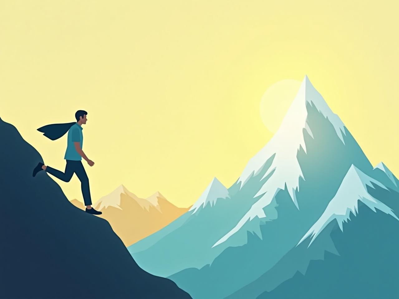 An illustration of a person climbing a mountain with a bright sunny sky, symbolizing overcoming challenges and achieving a positive mindset. Keywords: overcoming adversity, resilience, positive mindset, climbing a mountain, sunny sky.
