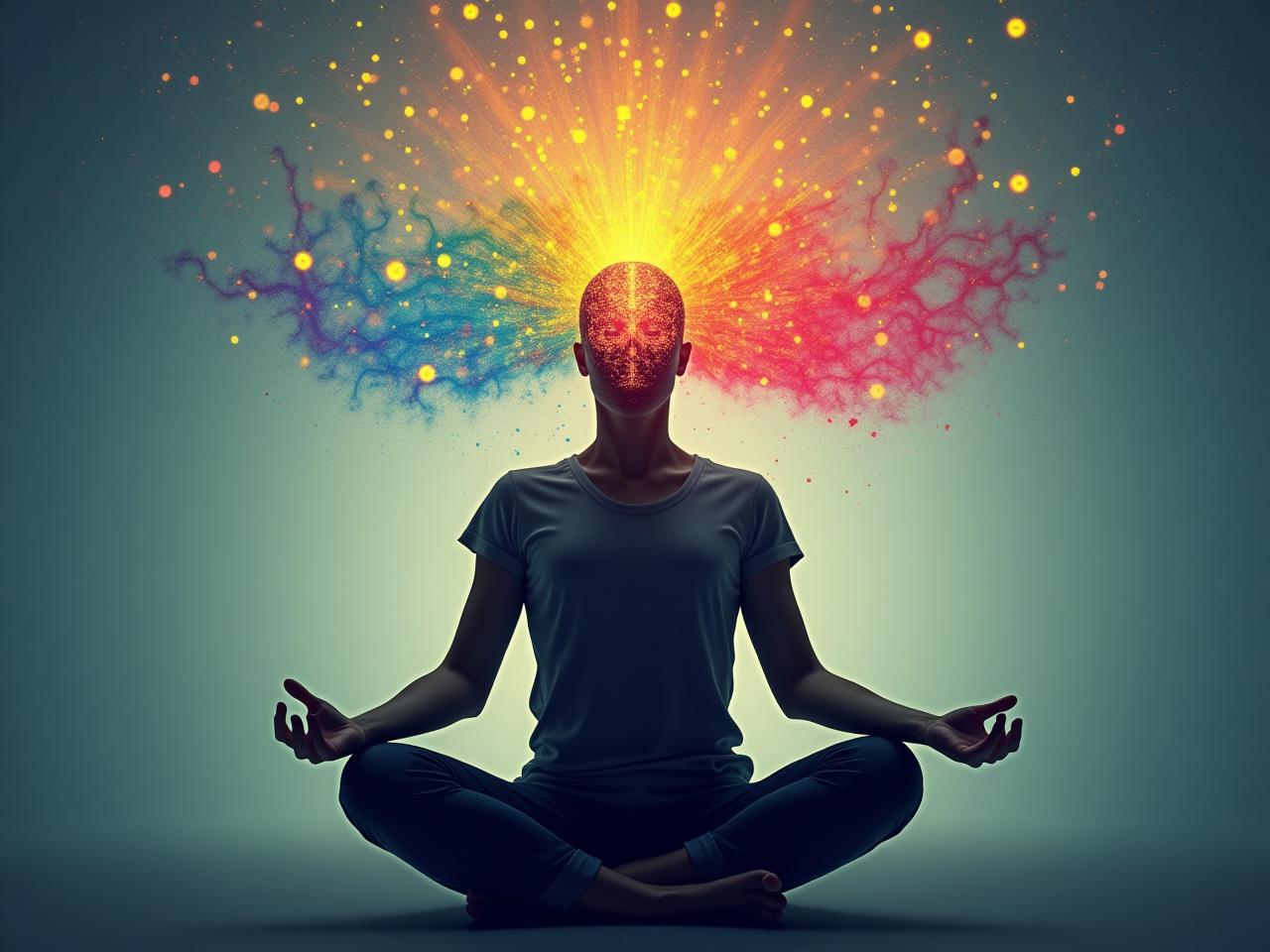 A person meditating with colorful brain waves surrounding their head, symbolizing emotional awareness and control.