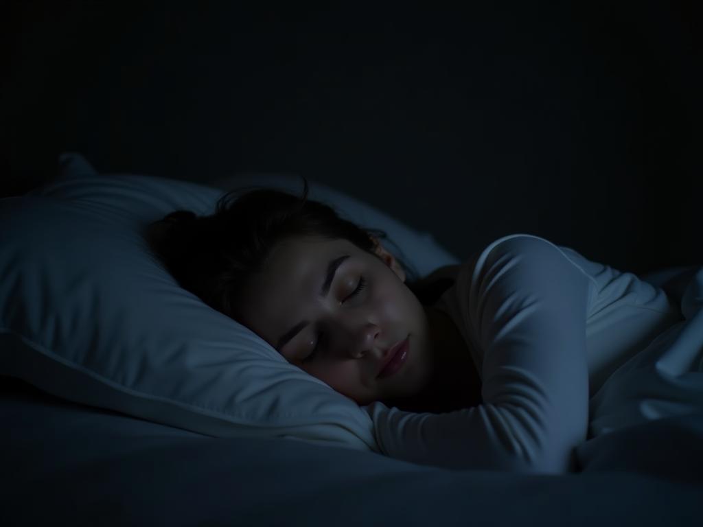 Woman sleeping peacefully in a dark, comfortable bedroom, representing the importance of quality sleep.