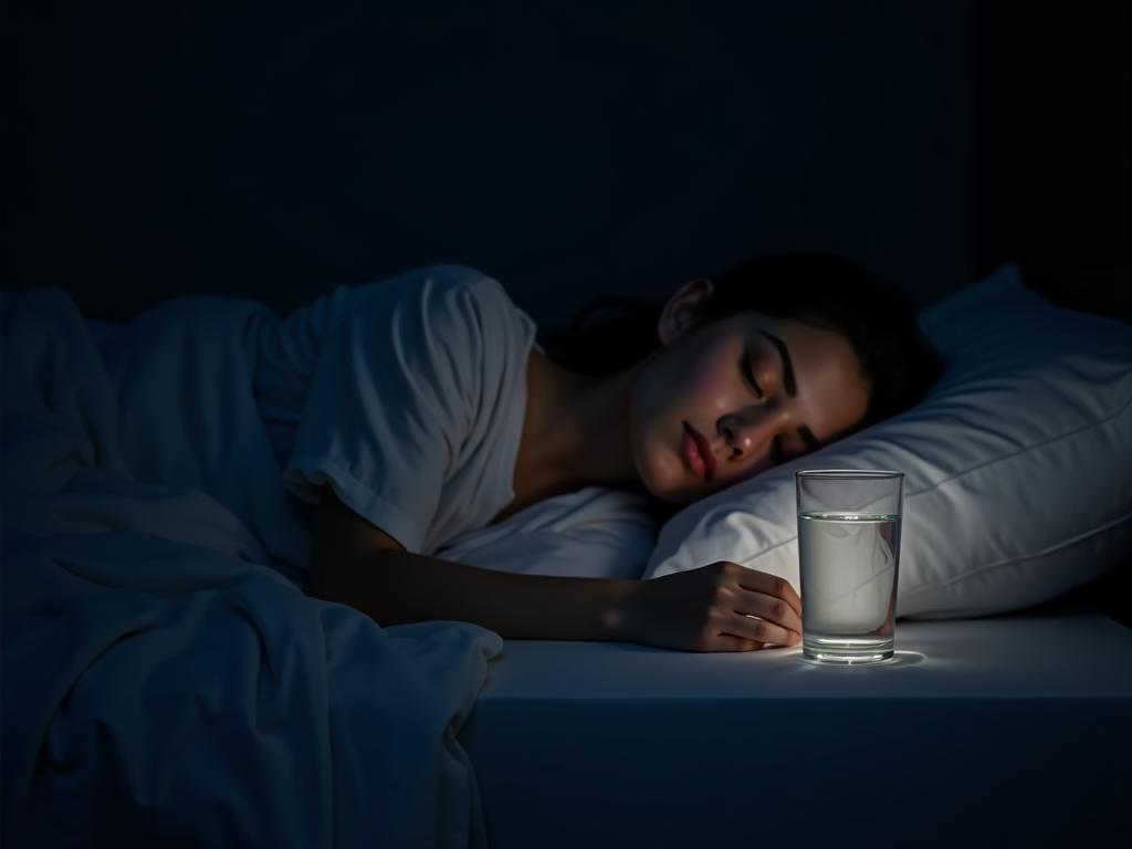 A person sleeping peacefully in a dark room, with a glass of water on the nightstand. The image symbolizes restful sleep and the importance of hydration, but also highlights the idea of avoiding excessive fluid intake before bed.