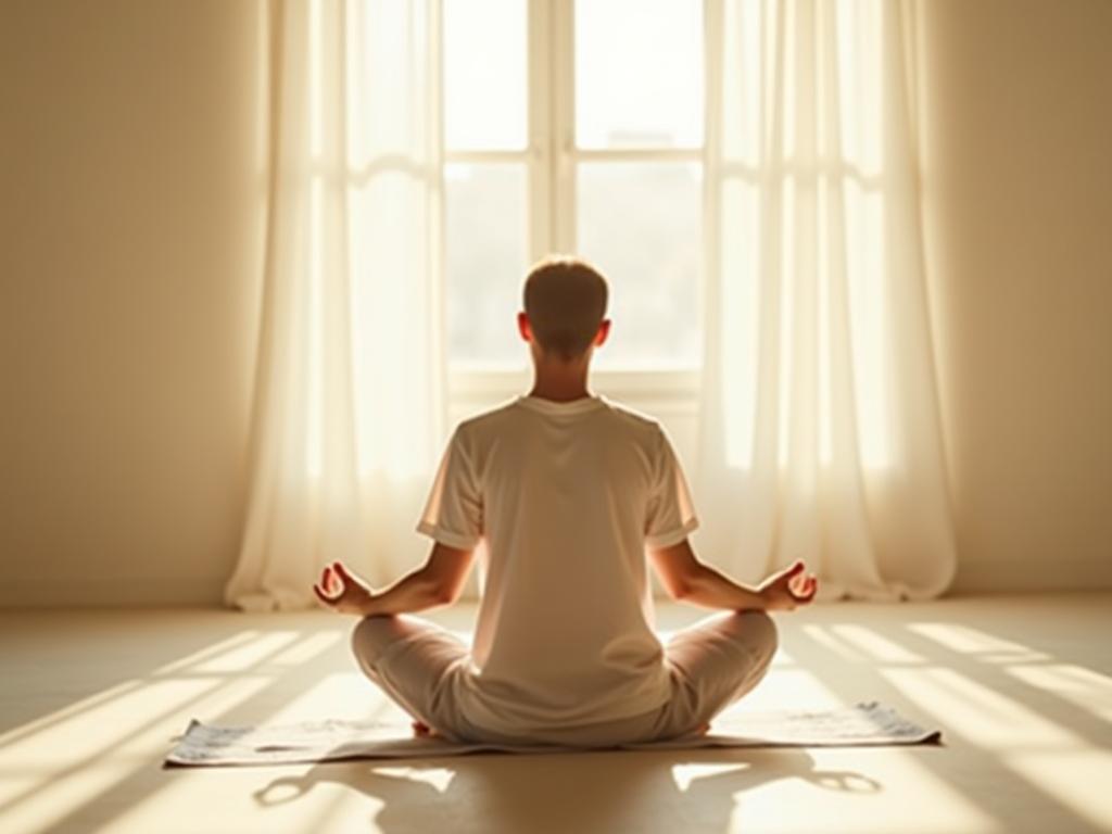 A person meditating in a bright and airy room, symbolizing positive energy and focus. The image emphasizes the connection between physical and mental well-being.
