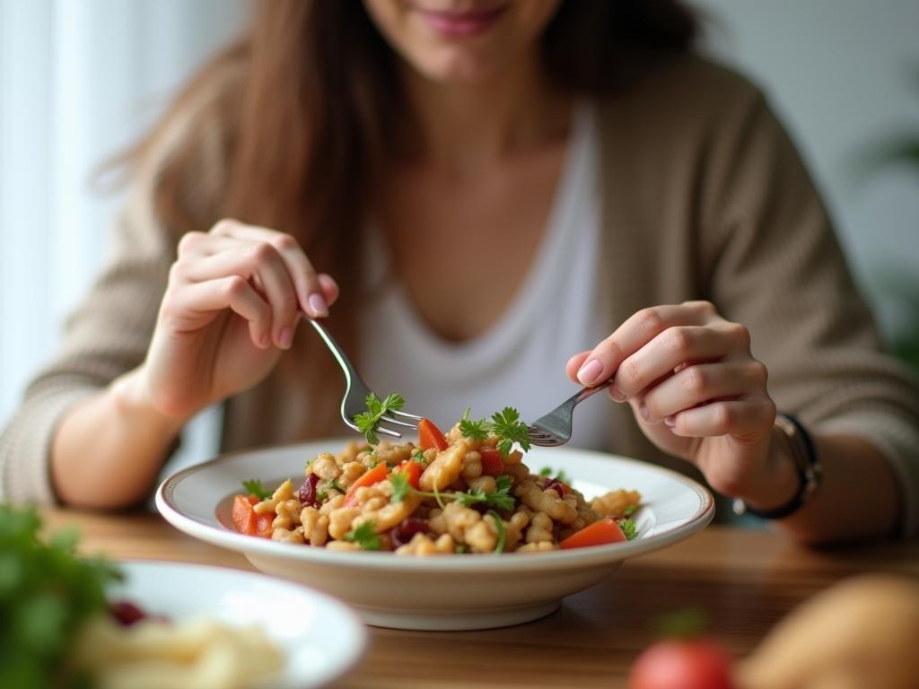 A mindful person enjoying a healthy meal while listening to their bodys signals of hunger and fullness. The image represents the principles of intuitive eating.