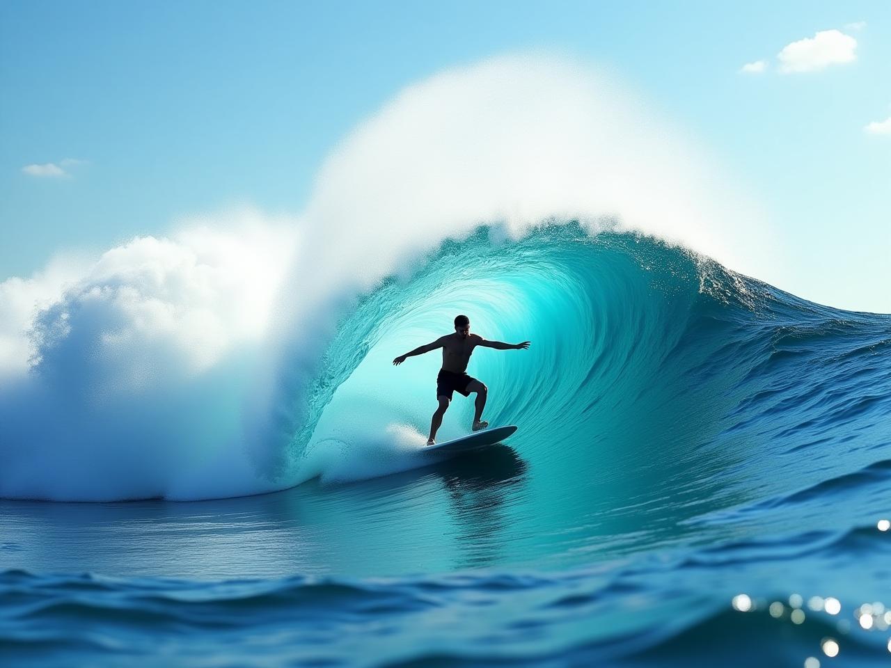 A person surfing a wave, symbolizing the balance between challenge and skill needed to achieve flow and unleash creativity, as discussed in the book Flow: The Psychology of Optimal Experience.